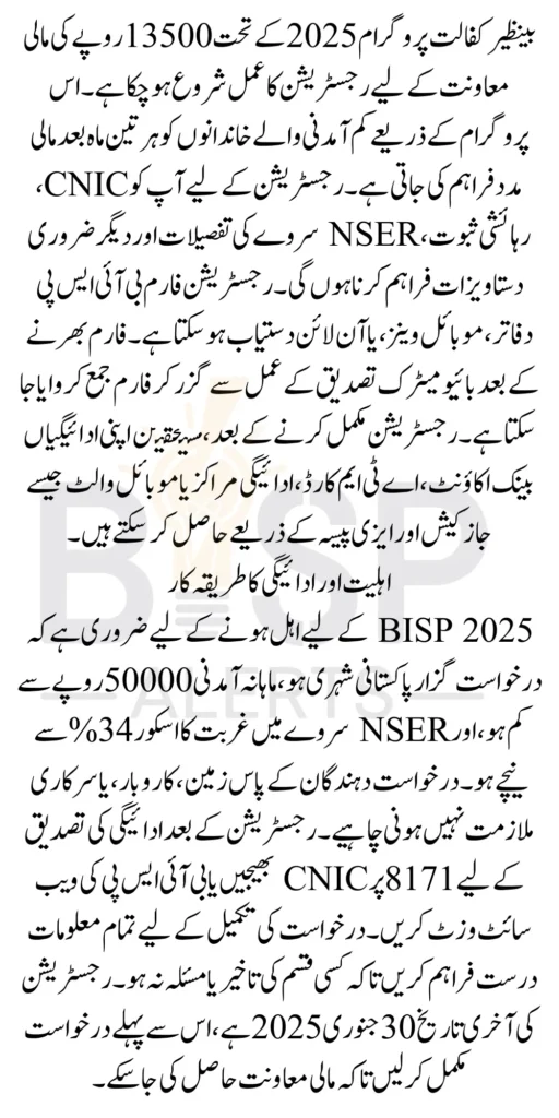 BISP 2025 Registration Form 13500 Payment Fill And Submit Get Chance To Eligible